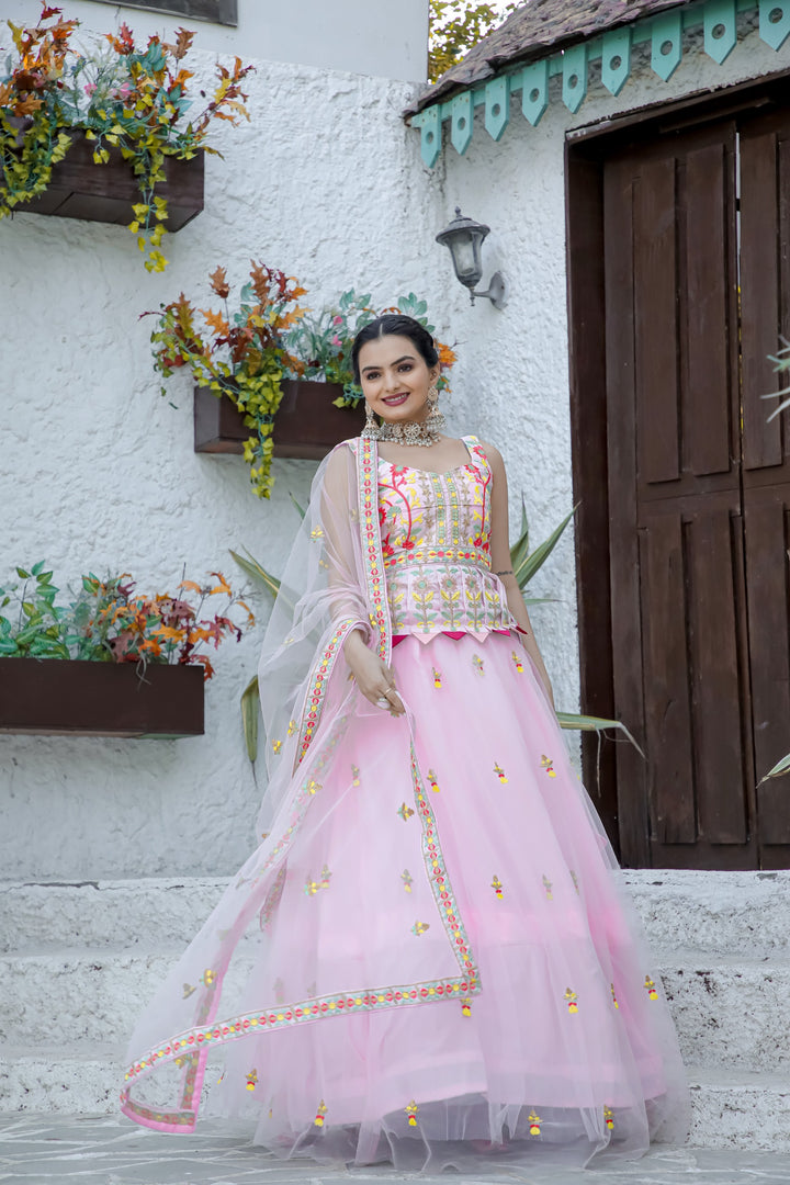 Double Layer Net Lehnga with Thread Work in Baby Pink Color