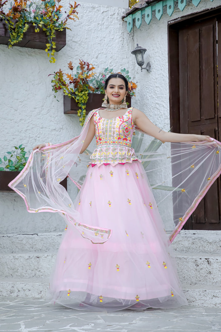 Double Layer Net Lehnga with Thread Work in Baby Pink Color