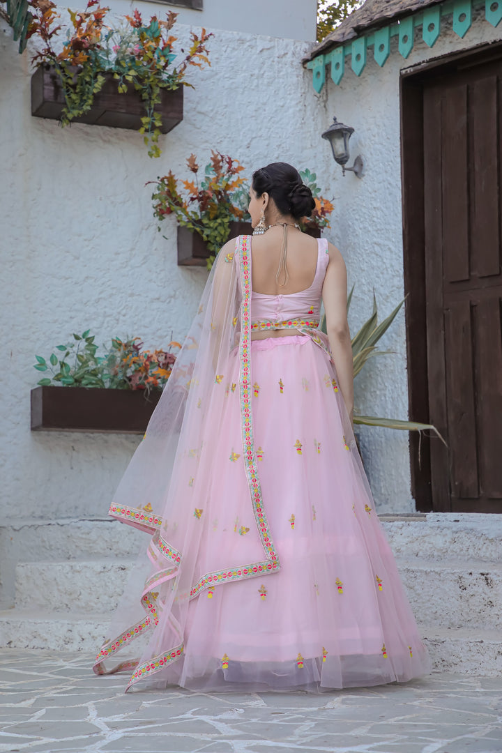 Double Layer Net Lehnga with Thread Work in Baby Pink Color