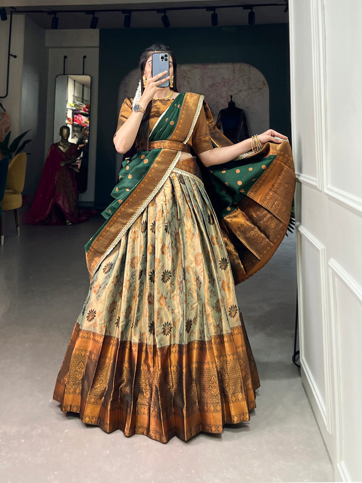 Perfectly Crafted Jacquard Silk Pattu Lehenga Choli In Green Color