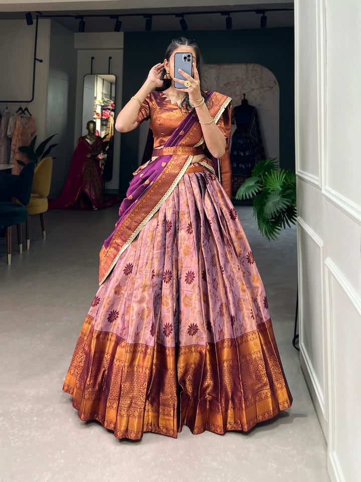 Perfectly Crafted Jacquard Silk Pattu Lehenga Choli In Purple Color