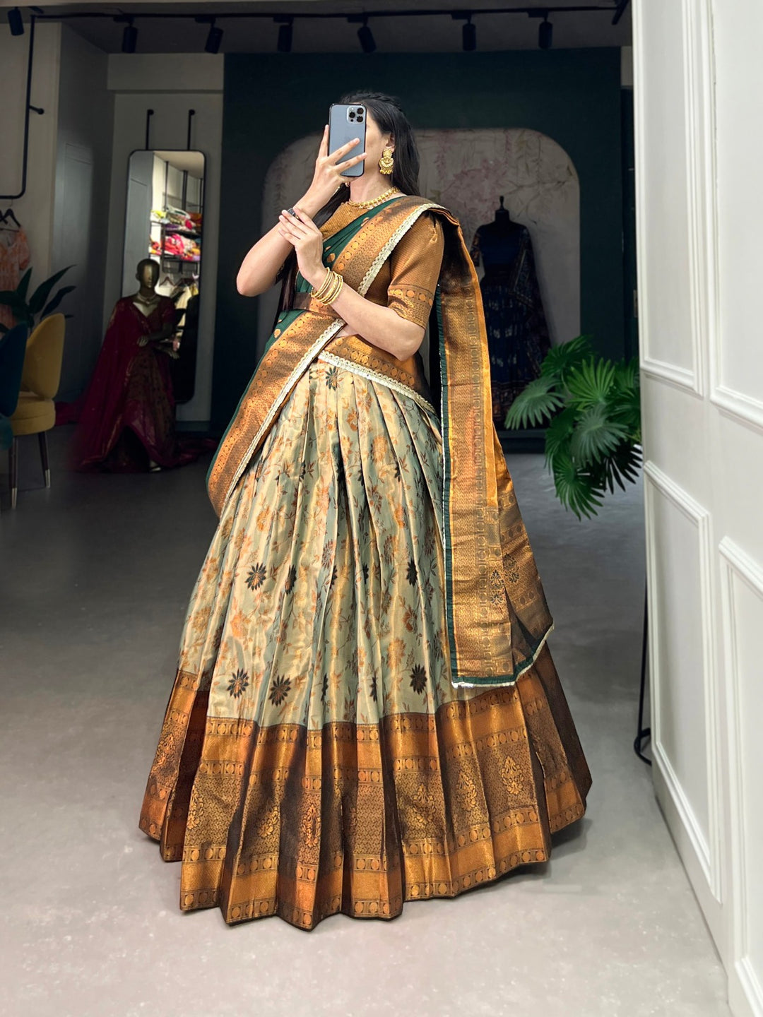 Perfectly Crafted Jacquard Silk Pattu Lehenga Choli In Green Color