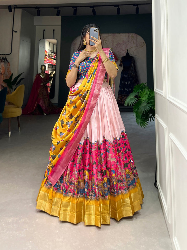 Kalamkari Print Dola Silk Lehenga with a Weaving Border in Pink Color