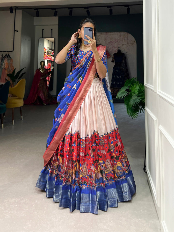 Kalamkari Print Dola Silk Lehenga with a Weaving Border in Red Color