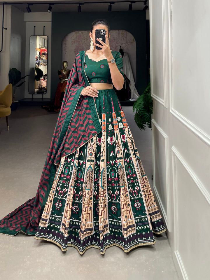 Vaishali silk Printed With Lace Border Lehenga Choli In Green Color