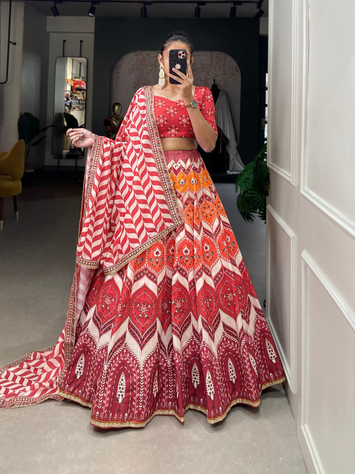 Vaishali silk Printed With Lace Border Lehenga Choli In Red Color