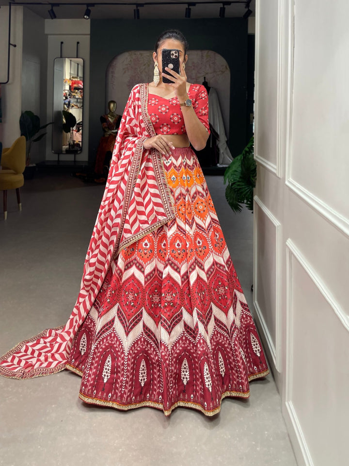 Vaishali silk Printed With Lace Border Lehenga Choli In Red Color