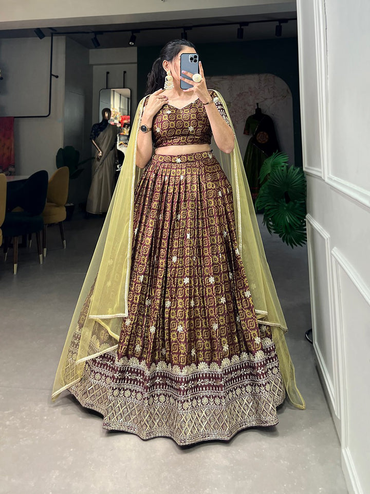 Chinon Digital Print With Embroidery Sequins Work Lehenga Choli In Brown Color