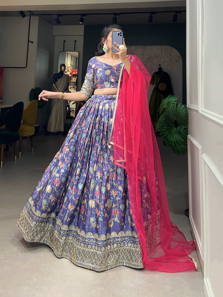 Chinon Digital Print With Embroidery Sequins Work Lehenga Choli In Lavender Color