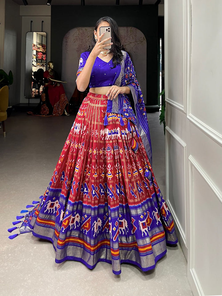 Tussar Silk Patola Print With Foil Work Lehenga Choli In Red Color