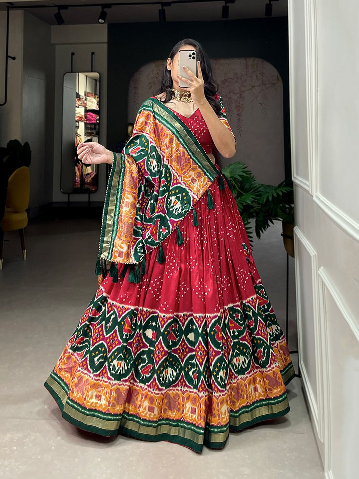 Tussar Silk Patola Print With foil work Lehenga Choli In Maroon Color