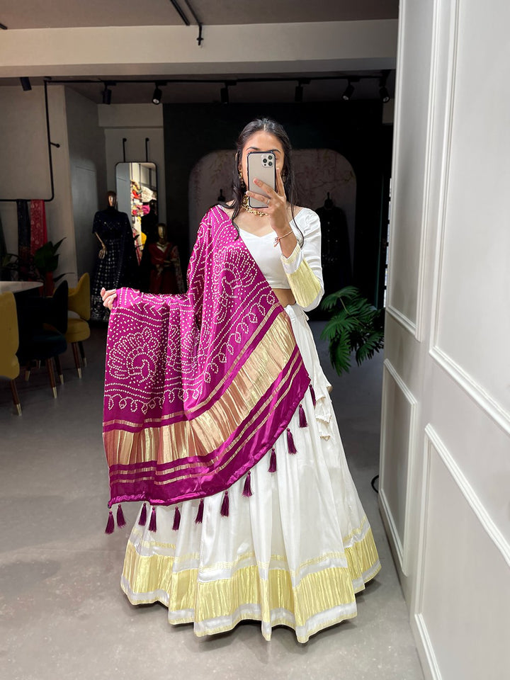 Gaji Silk Dyeing With Lagdi Patta Lehenga Choli In White Color