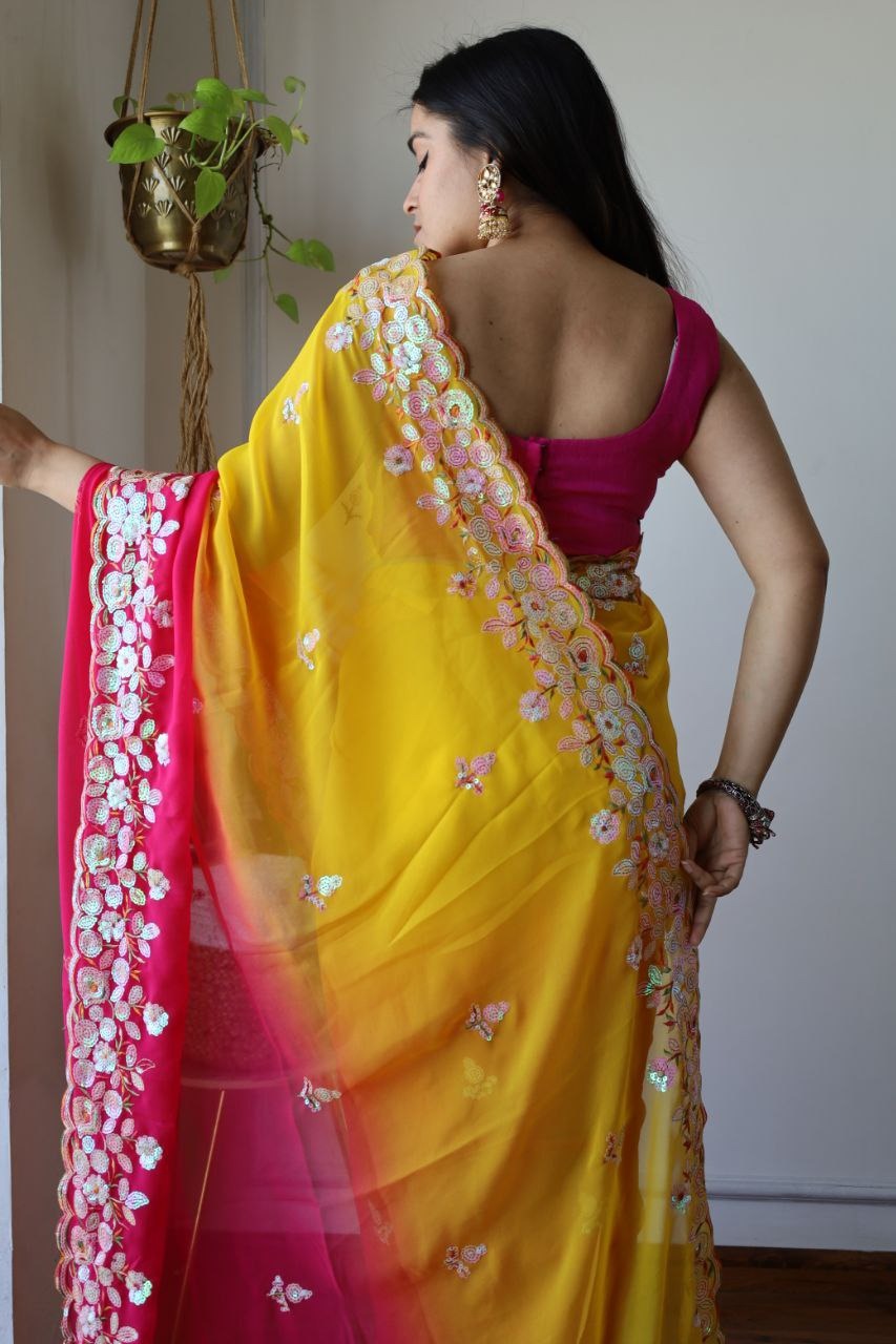 Fox Georgette Pink with Yellow colour Shaded Effect with Designer Embroidered Work Saree - qivii