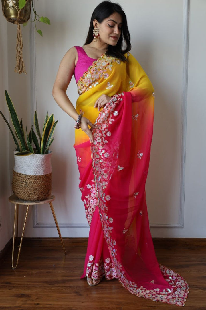 Fox Georgette Pink with Yellow colour Shaded Effect with Designer Embroidered Work Saree - qivii