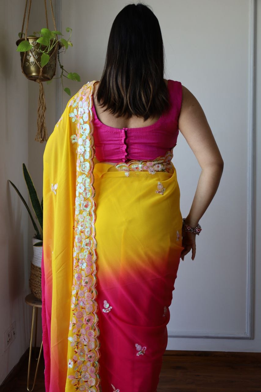 Fox Georgette Pink with Yellow colour Shaded Effect with Designer Embroidered Work Saree - qivii