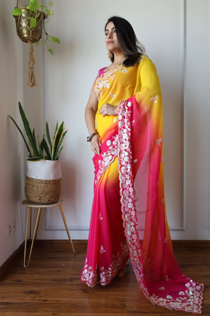 Fox Georgette Pink with Yellow colour Shaded Effect with Designer Embroidered Work Saree - qivii