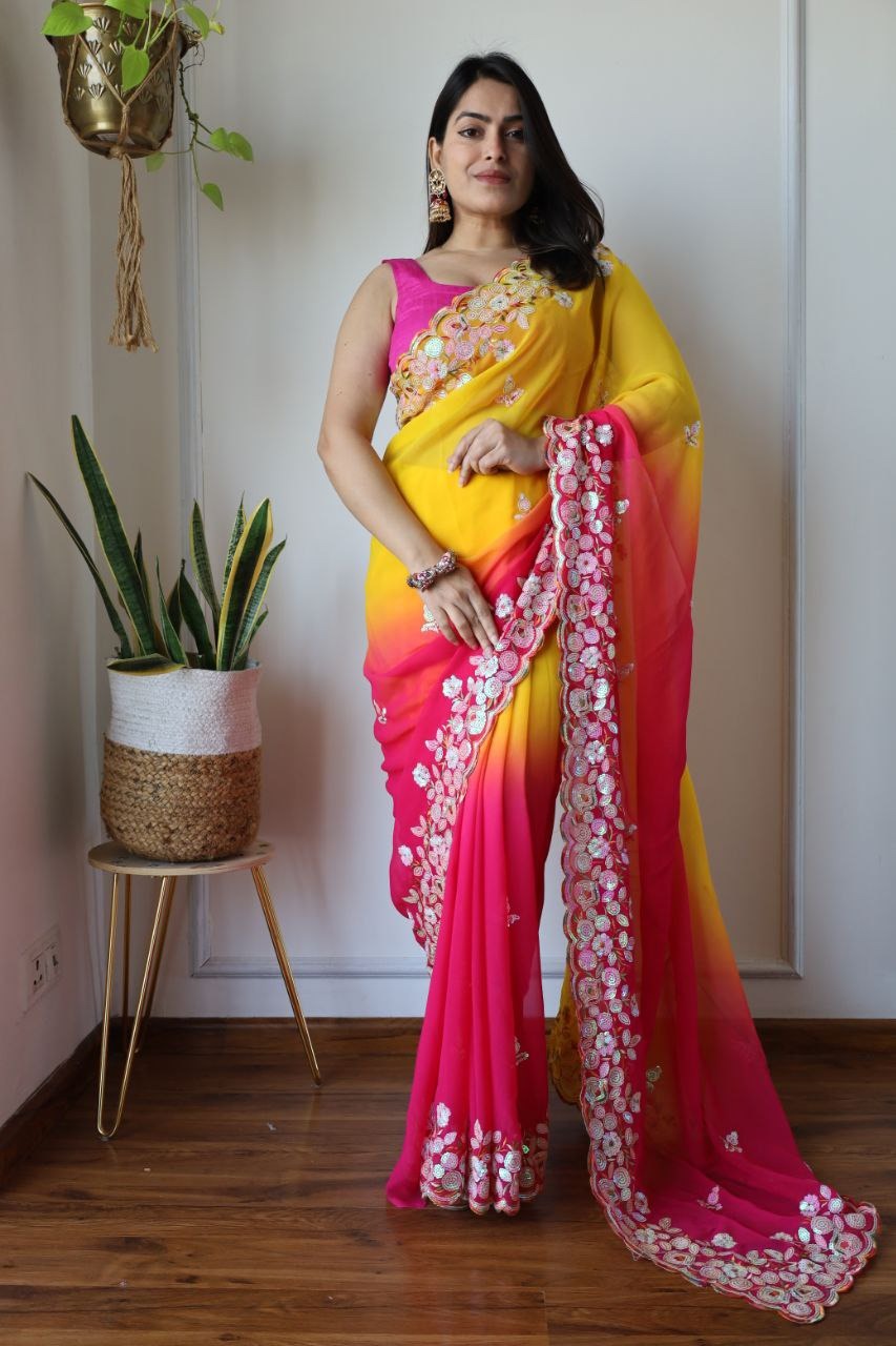 Fox Georgette Pink with Yellow colour Shaded Effect with Designer Embroidered Work Saree - qivii