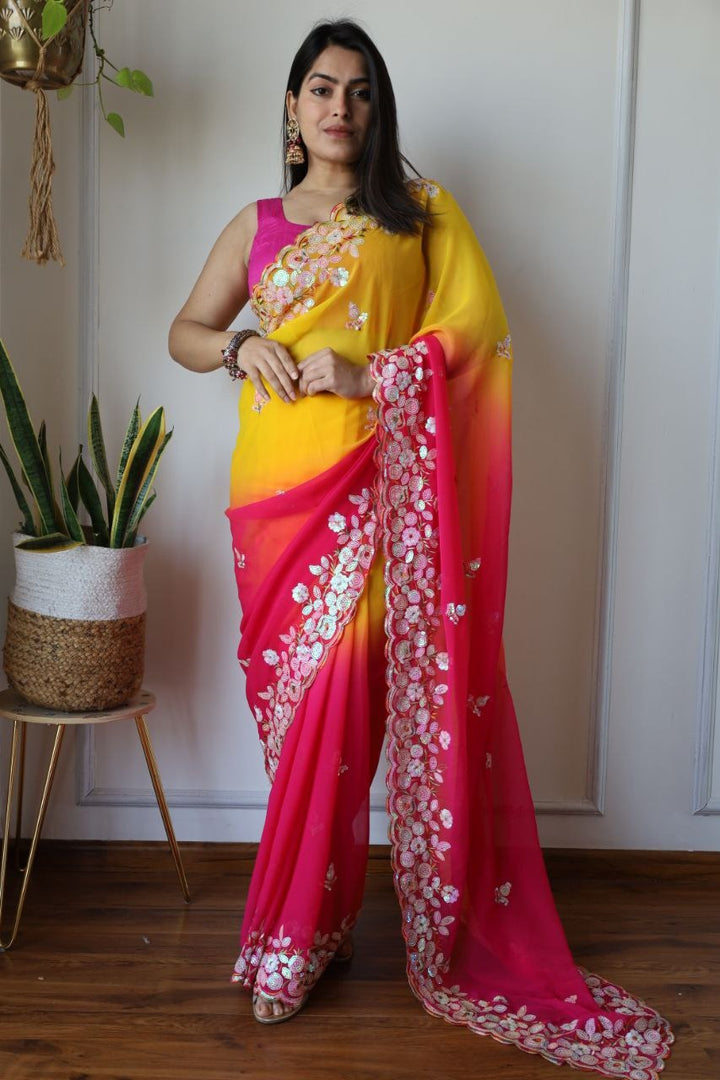 Fox Georgette Pink with Yellow colour Shaded Effect with Designer Embroidered Work Saree - qivii