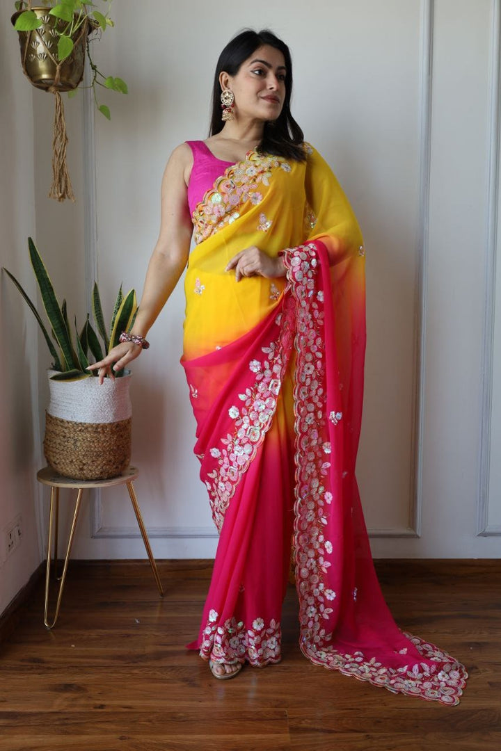 Fox Georgette Pink with Yellow colour Shaded Effect with Designer Embroidered Work Saree - qivii