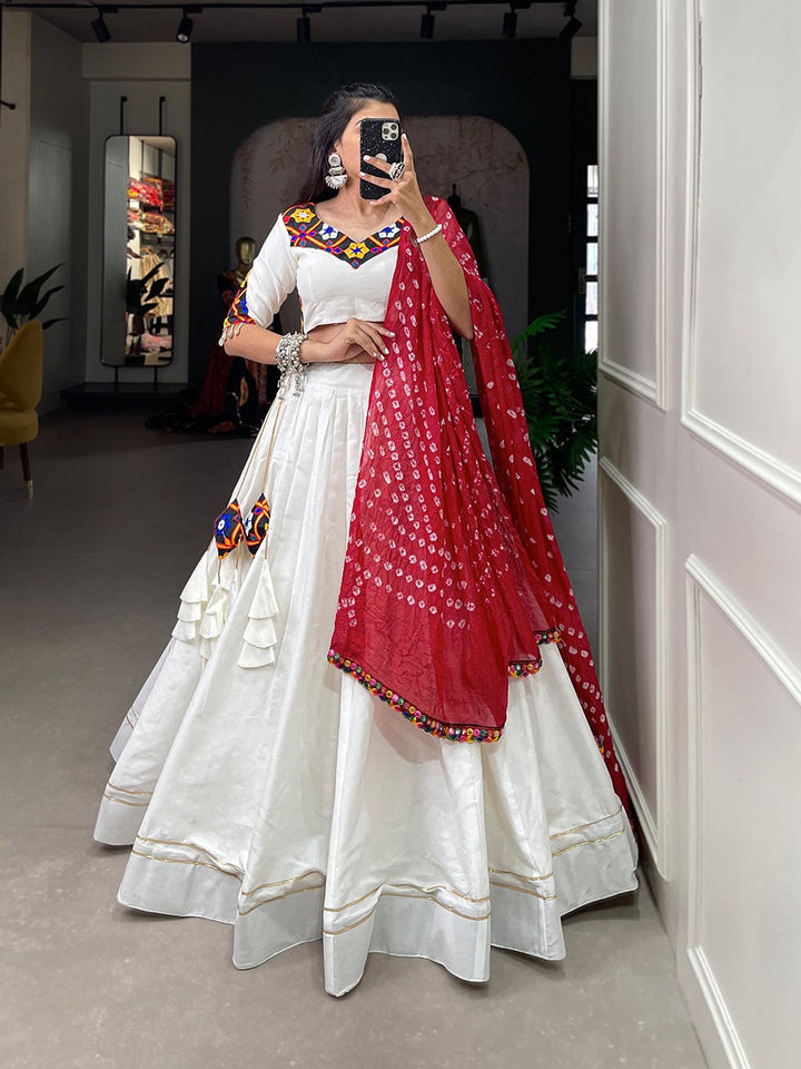 White  Colour Pure Cotton With Plain With Gotta Patti Navratri  Special Lehenga Choli Set