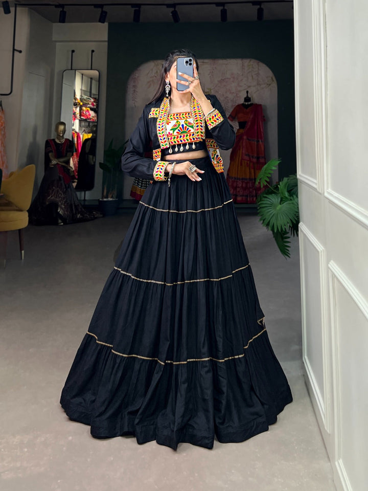 Navratri Special  Black Color Plain With Gota Patti  Work Lehenga & Koti Set