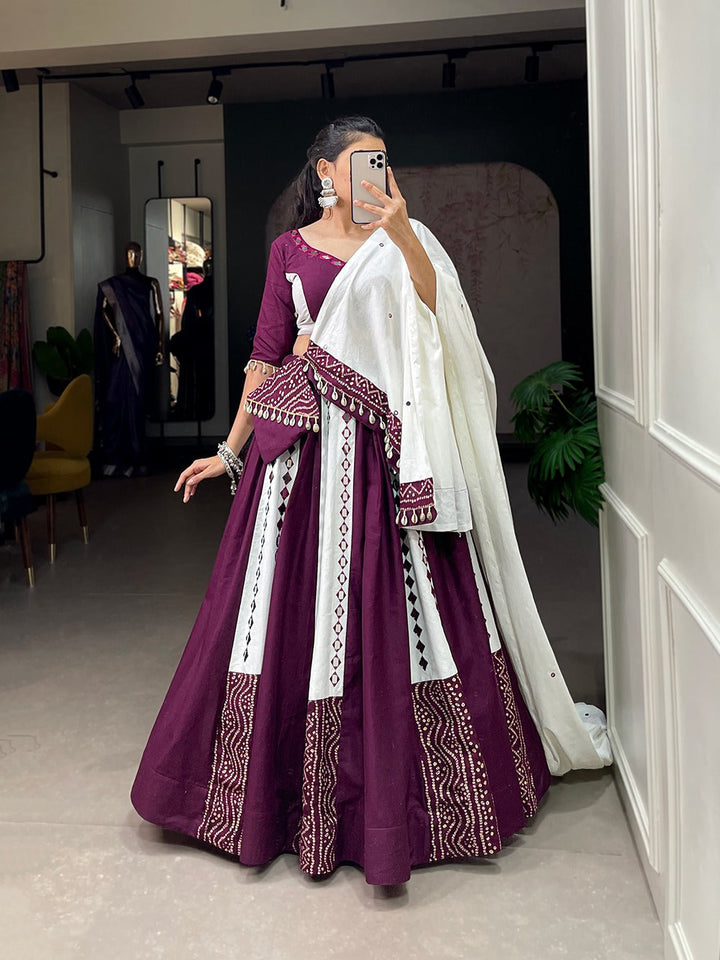 Purple Colour Pure Cotton With Plain With Mirror Work Navratri  Special Lehenga Choli Set