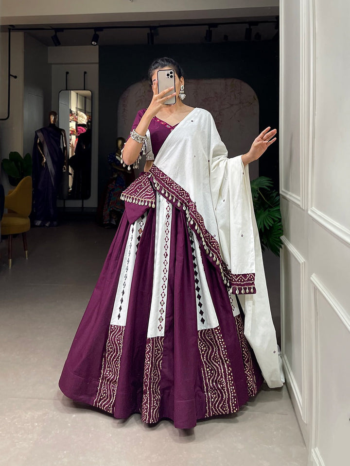 Purple Colour Pure Cotton With Plain With Mirror Work Navratri  Special Lehenga Choli Set