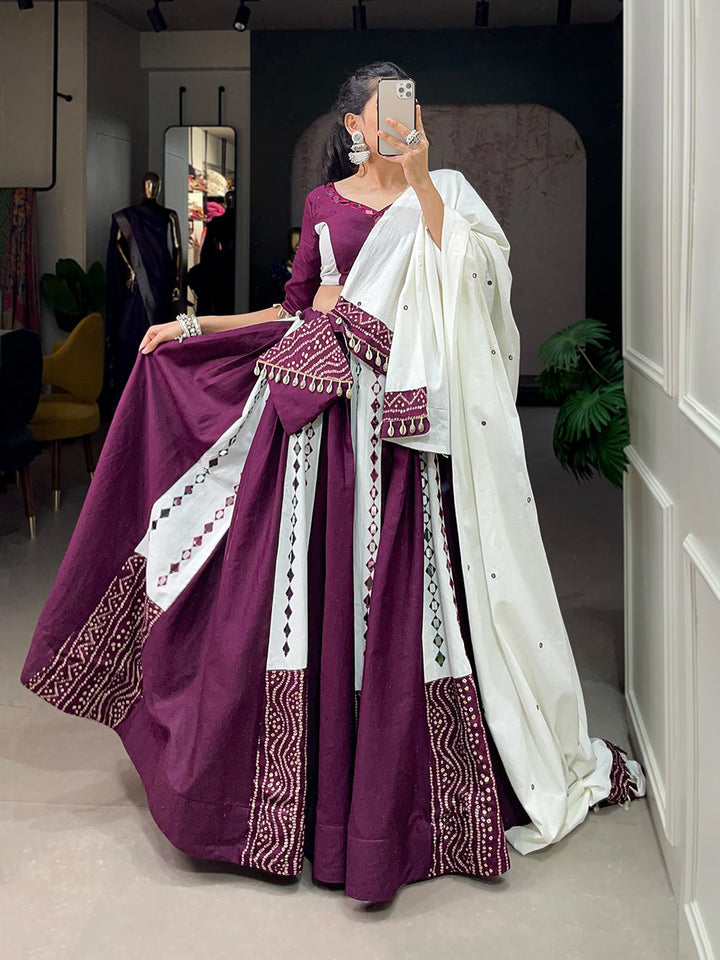 Purple Colour Pure Cotton With Plain With Mirror Work Navratri  Special Lehenga Choli Set