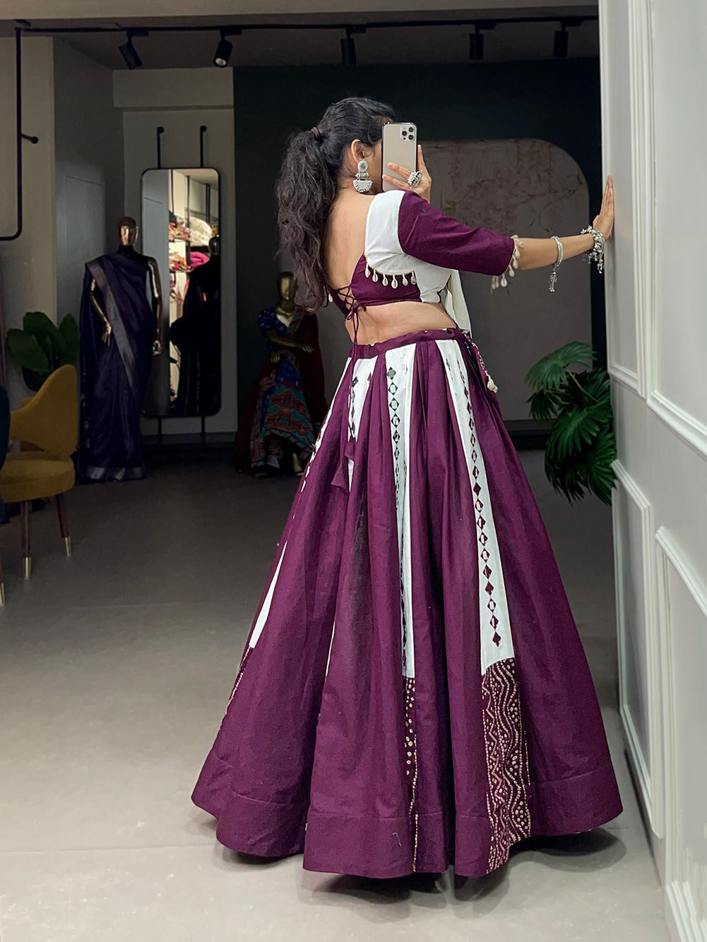 Purple Colour Pure Cotton With Plain With Mirror Work Navratri  Special Lehenga Choli Set