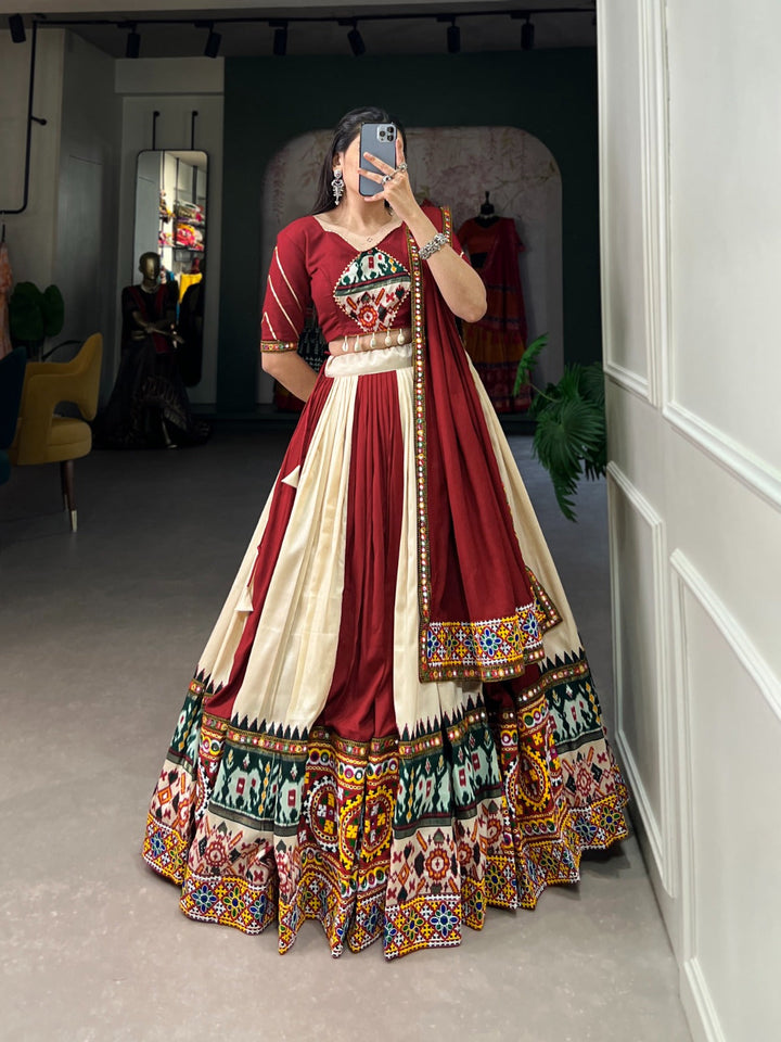 Cream  Color Pure Rayon With Printed Navratri  Special Lehenga Choli Set