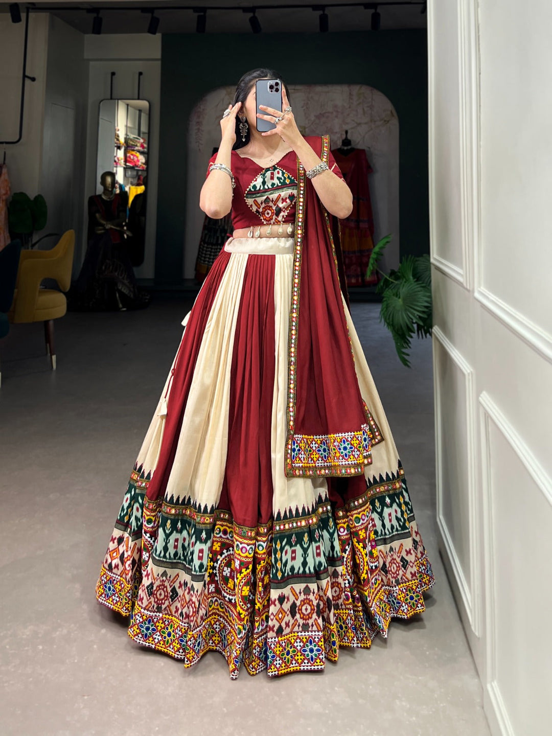 Cream  Color Pure Rayon With Printed Navratri  Special Lehenga Choli Set