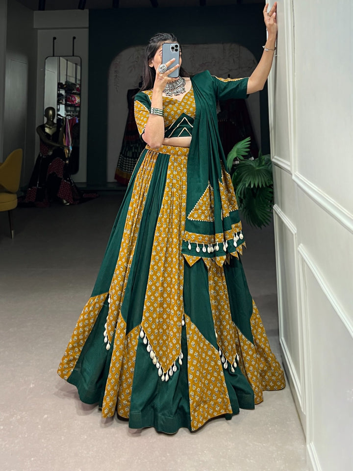 Green Pure Cotton Plain And Printed With Cowrie (Kodi) Lace Touch Up Lehenga Choli