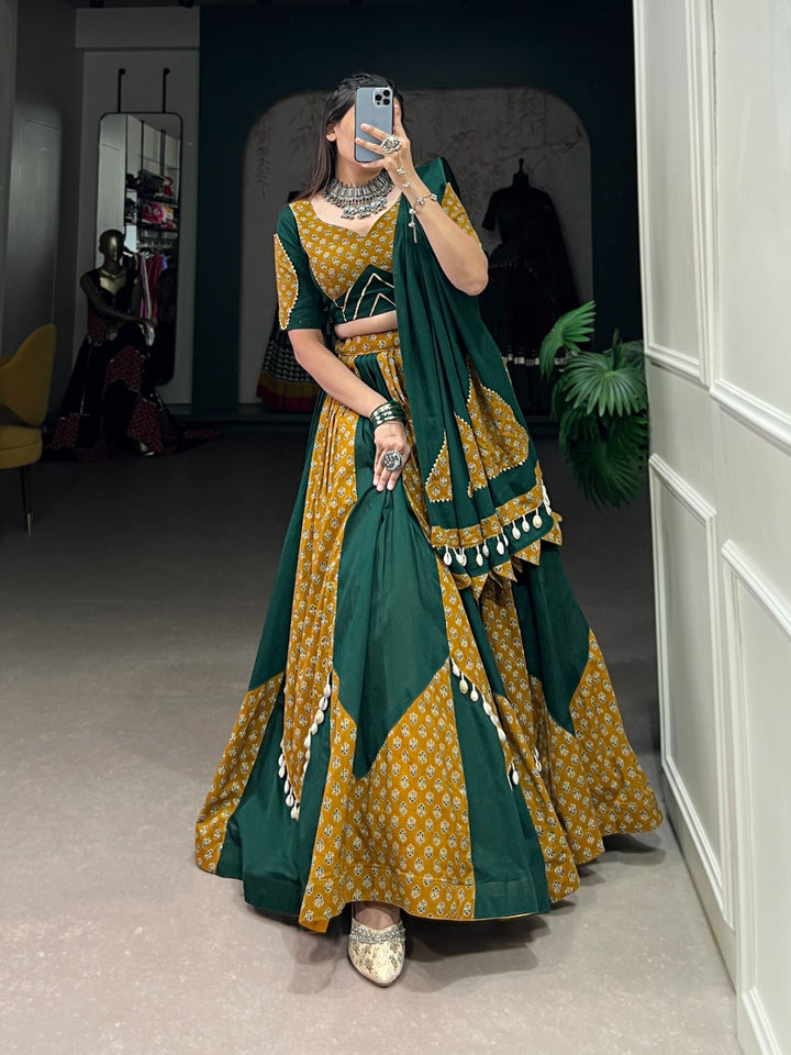 Green Pure Cotton Plain And Printed With Cowrie (Kodi) Lace Touch Up Lehenga Choli