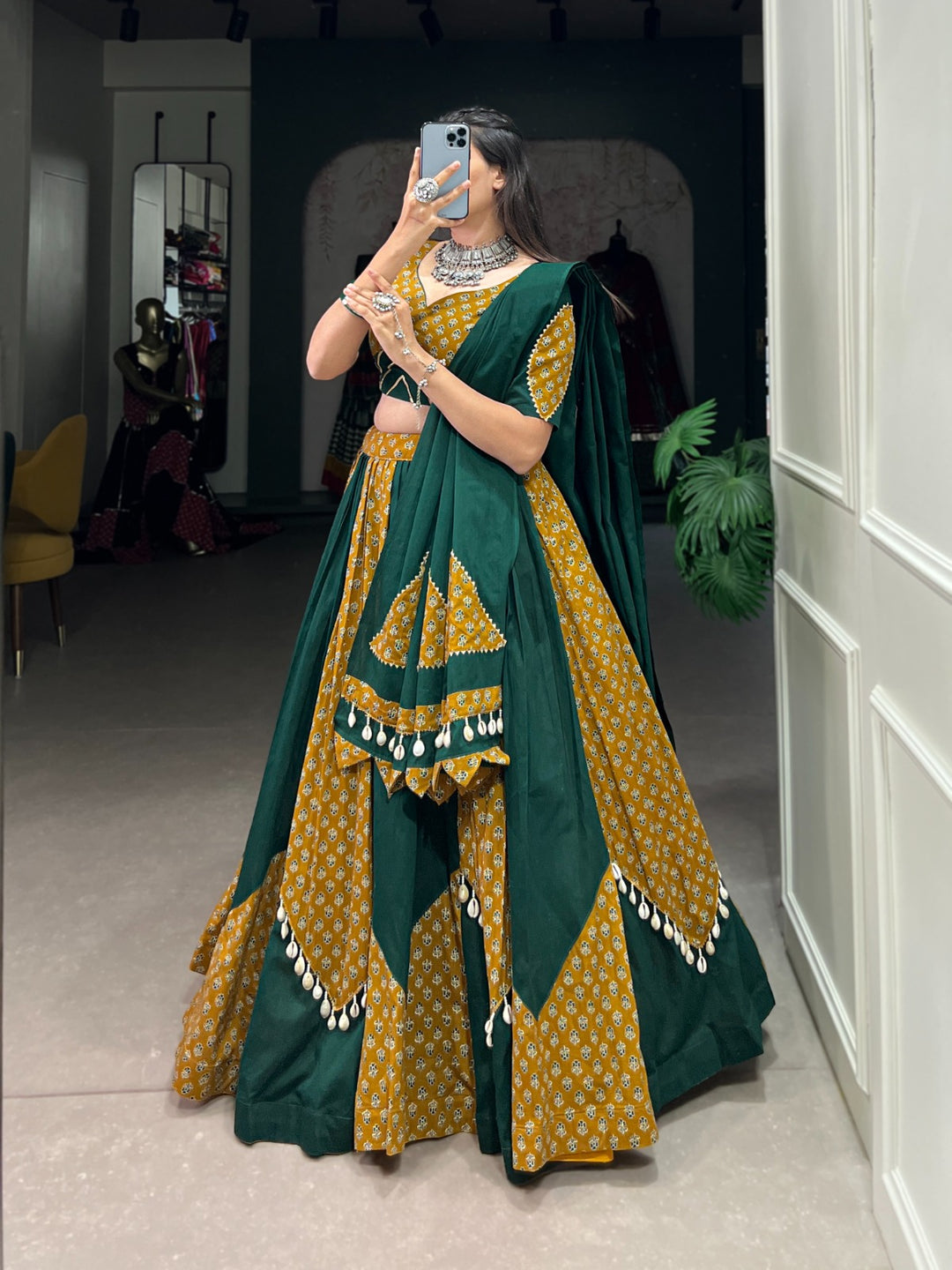 Green Pure Cotton Plain And Printed With Cowrie (Kodi) Lace Touch Up Lehenga Choli