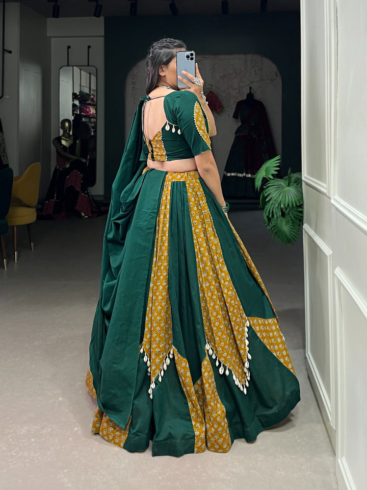 Green Pure Cotton Plain And Printed With Cowrie (Kodi) Lace Touch Up Lehenga Choli