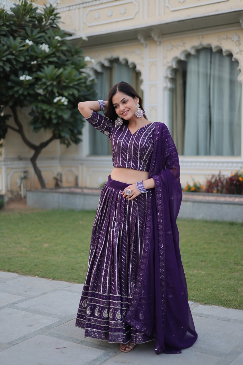 Purple Faux Blooming With Heavy Sequins Zari Embroidered work.