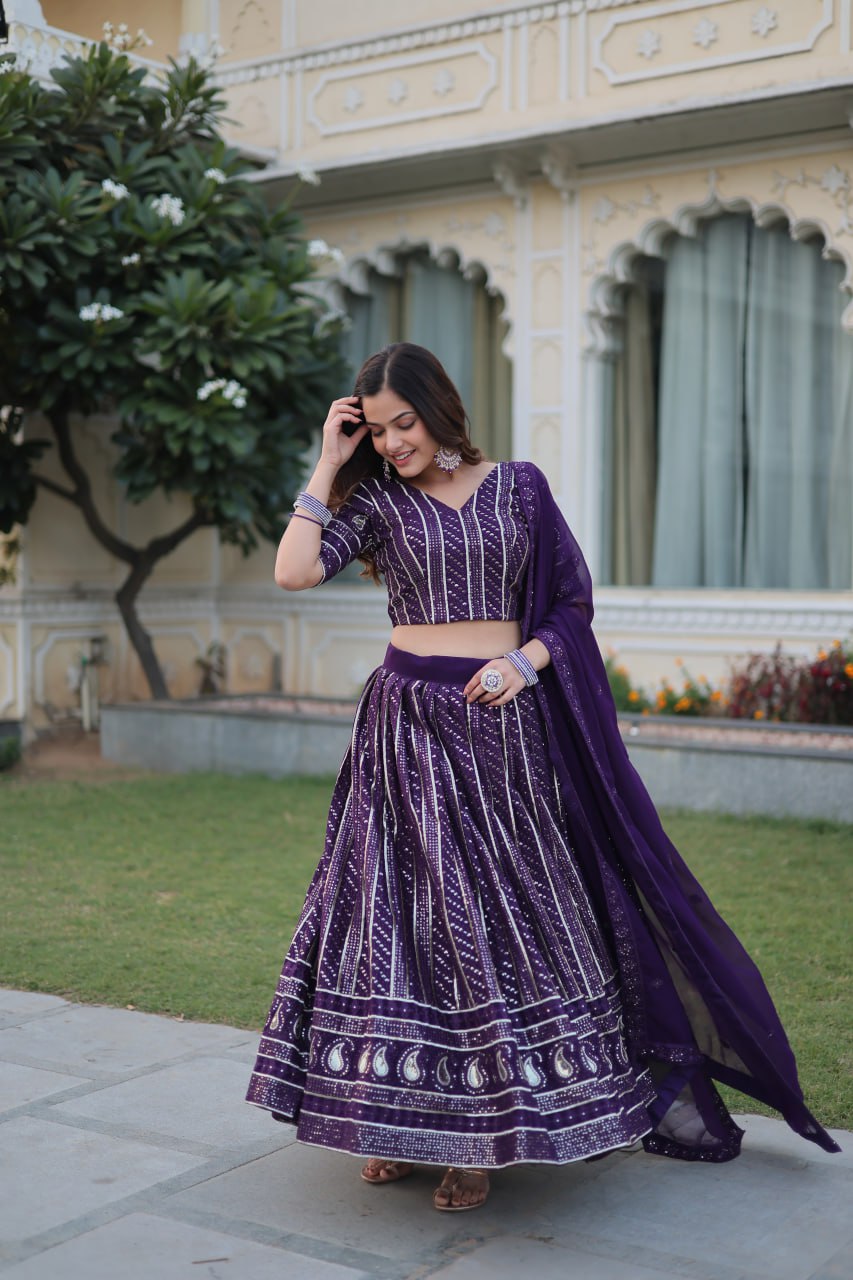 Purple Faux Blooming With Heavy Sequins Zari Embroidered work.