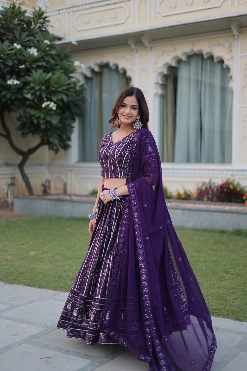 Purple Faux Blooming With Heavy Sequins Zari Embroidered work.