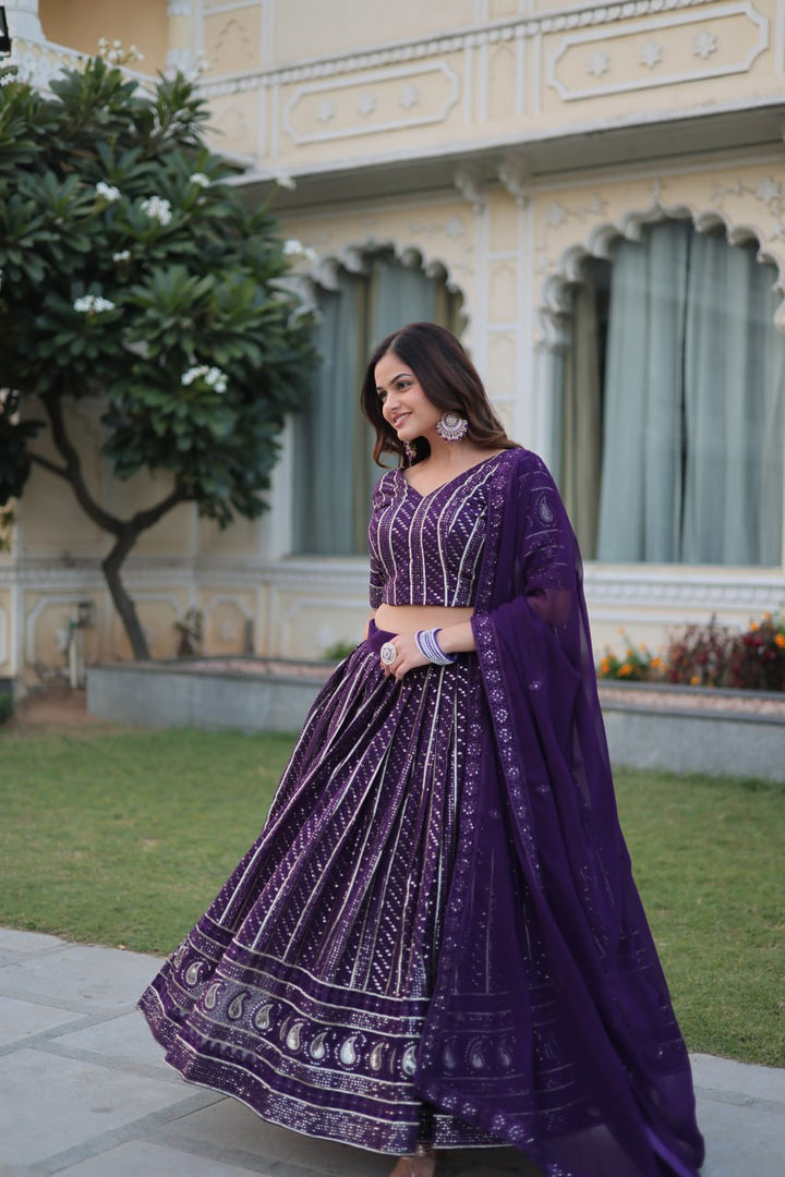 Purple Faux Blooming With Heavy Sequins Zari Embroidered work.