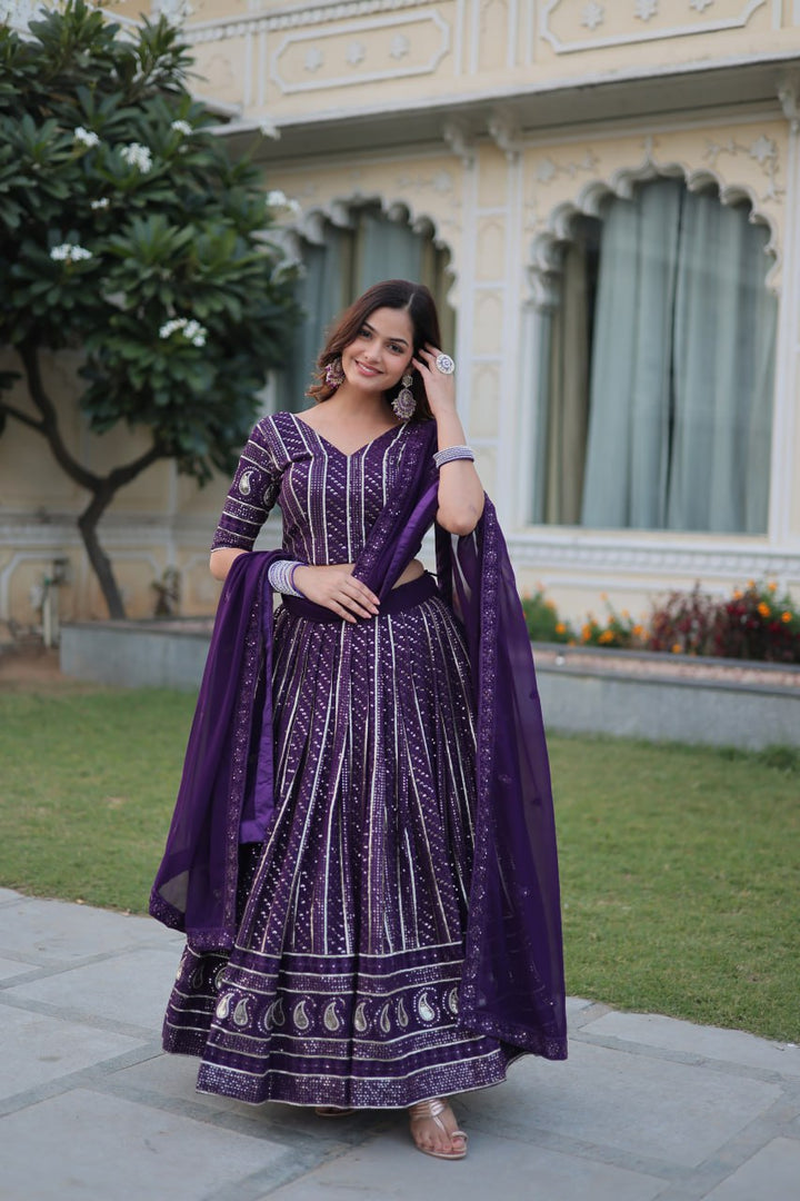 Purple Faux Blooming With Heavy Sequins Zari Embroidered work.