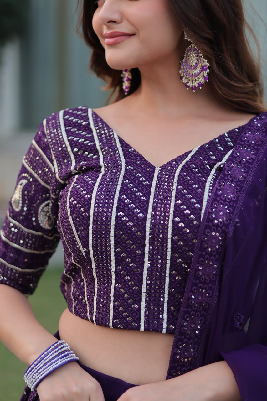 Purple Faux Blooming With Heavy Sequins Zari Embroidered work.