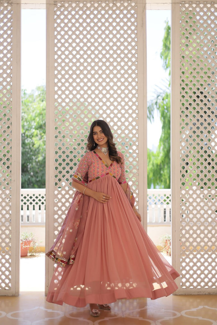 PEACH PREMIUM READYMADE ALIA CUT GOWN WITH DUPATTA SET