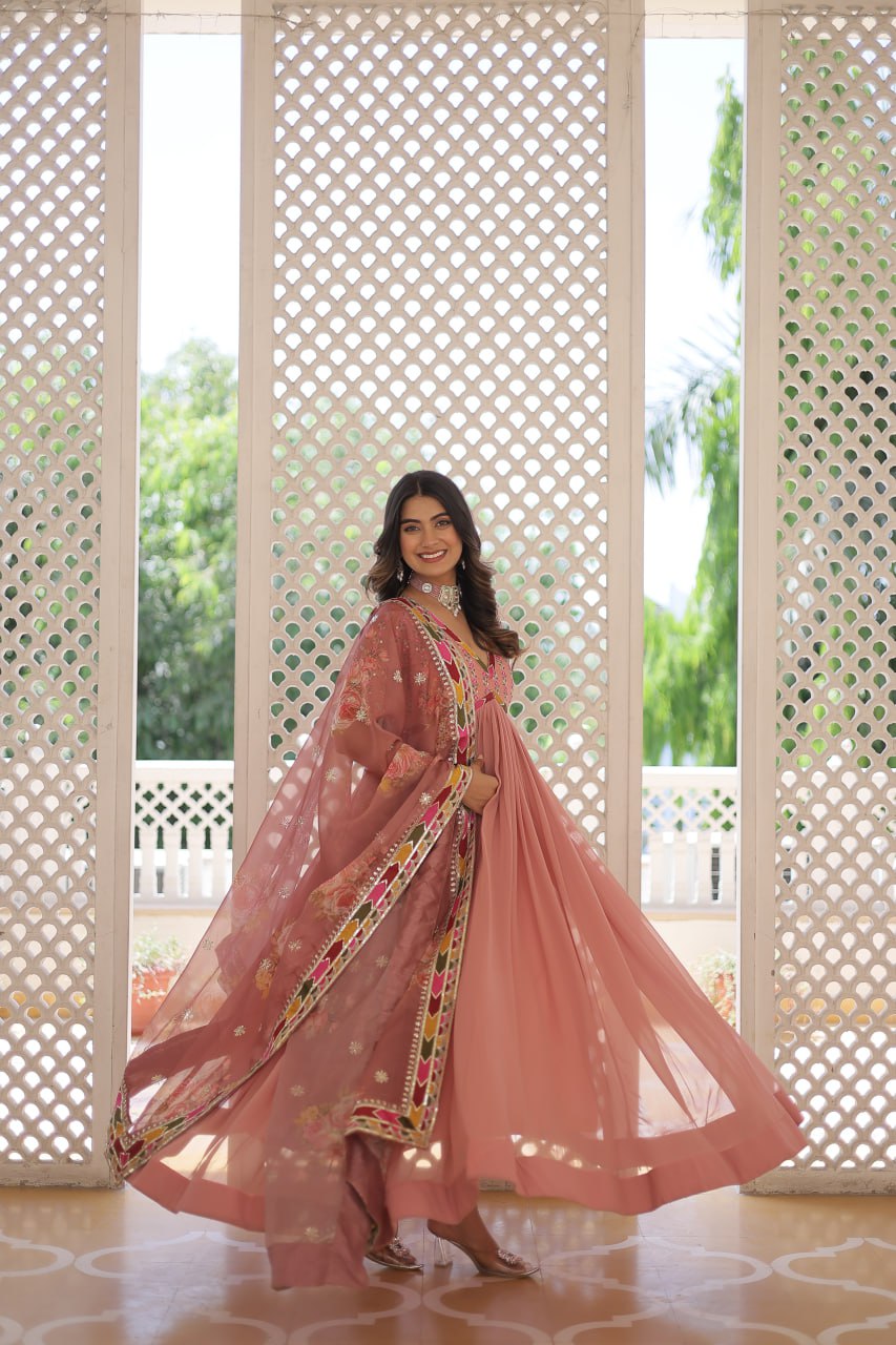 PEACH PREMIUM READYMADE ALIA CUT GOWN WITH DUPATTA SET