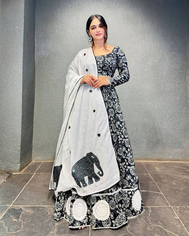 BLACK AND WHITE NAVRATRI WEAR BEUTIQUE STYLES REYON DESIGNER PRINTED AND REAL MIRROR WORK LEHENGA CHOLI WITH DUPATTA