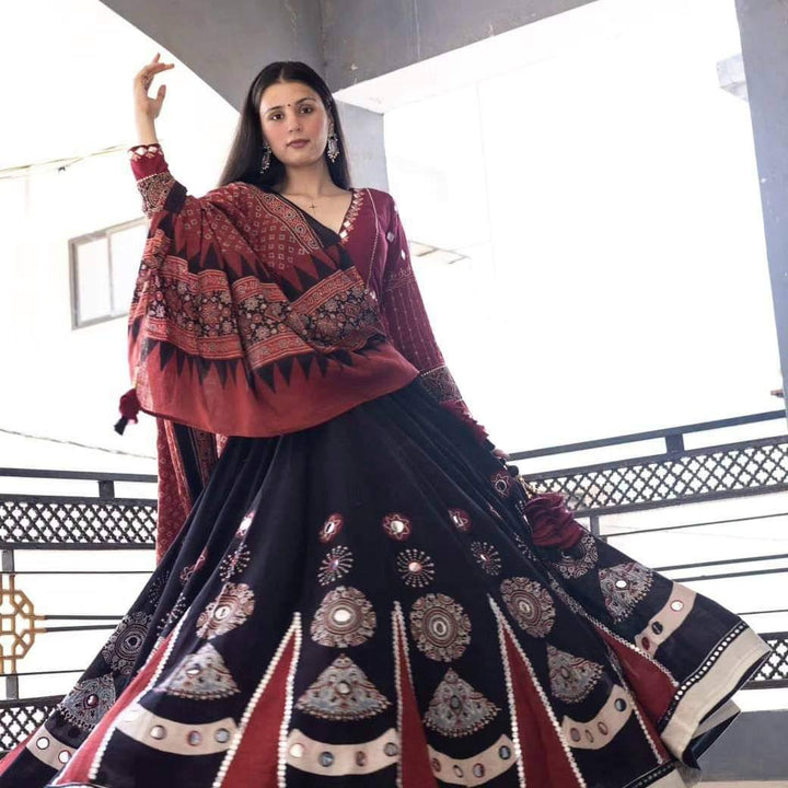 BLACK AND MAROON NAVRATRI WEAR BEUTIQUE STYLES REYON DESIGNER PRINTED AND REAL MIRROR WORK LEHENGA CHOLI WITH DUPATTA