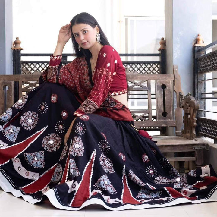 BLACK AND MAROON NAVRATRI WEAR BEUTIQUE STYLES REYON DESIGNER PRINTED AND REAL MIRROR WORK LEHENGA CHOLI WITH DUPATTA