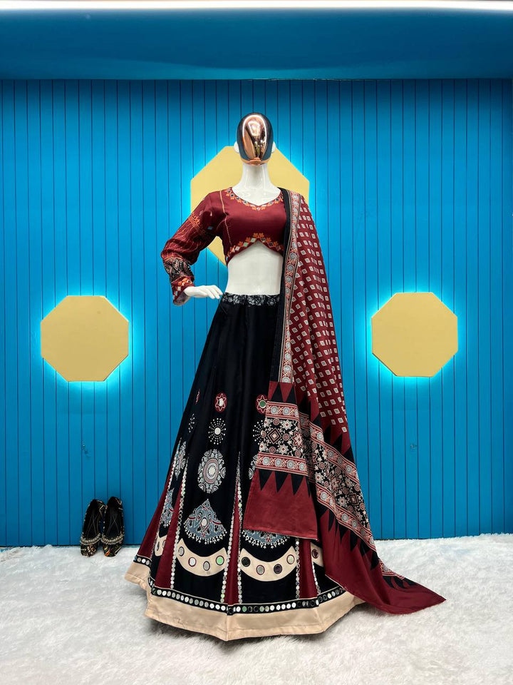 BLACK AND MAROON NAVRATRI WEAR BEUTIQUE STYLES REYON DESIGNER PRINTED AND REAL MIRROR WORK LEHENGA CHOLI WITH DUPATTA