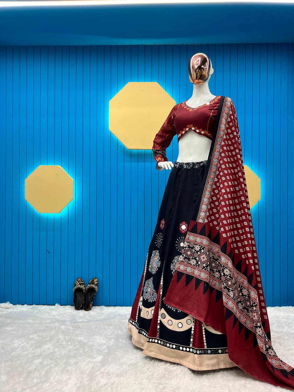 BLACK AND MAROON NAVRATRI WEAR BEUTIQUE STYLES REYON DESIGNER PRINTED AND REAL MIRROR WORK LEHENGA CHOLI WITH DUPATTA