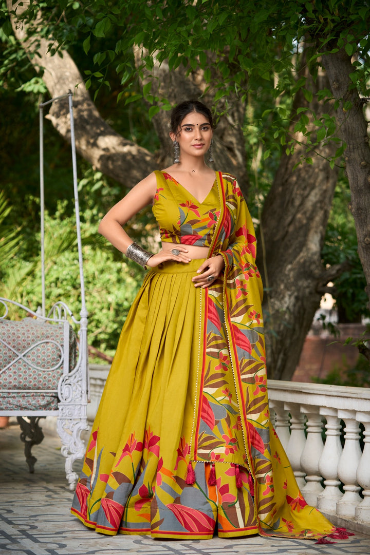 Mustard Polyester Viscose Chanderi Lehenga Choli with Intricate Print and Dupatta