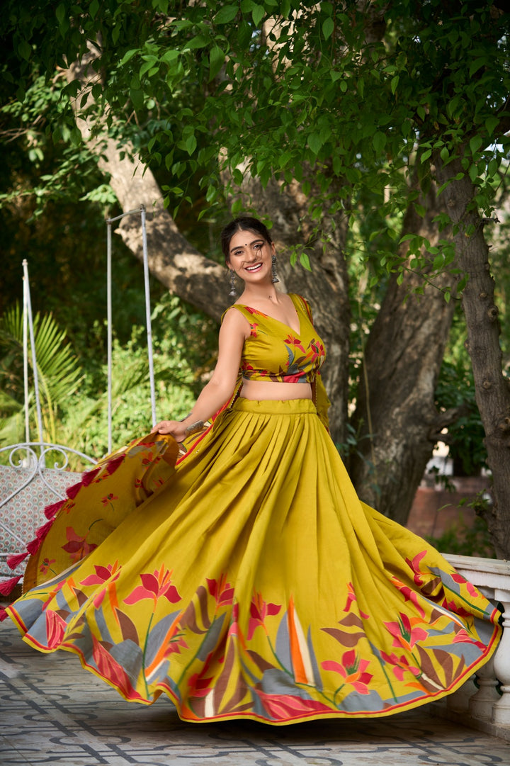 Mustard Polyester Viscose Chanderi Lehenga Choli with Intricate Print and Dupatta